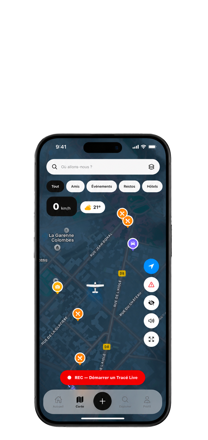 Écran Carte de l'app CONVOI : navigation, POI et Tracé Live