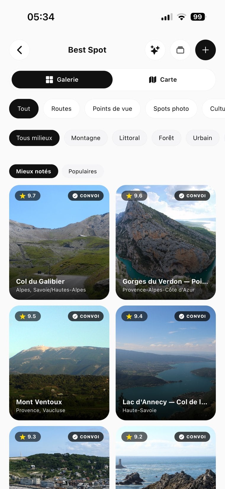Écran Best Spot de l'app CONVOI
